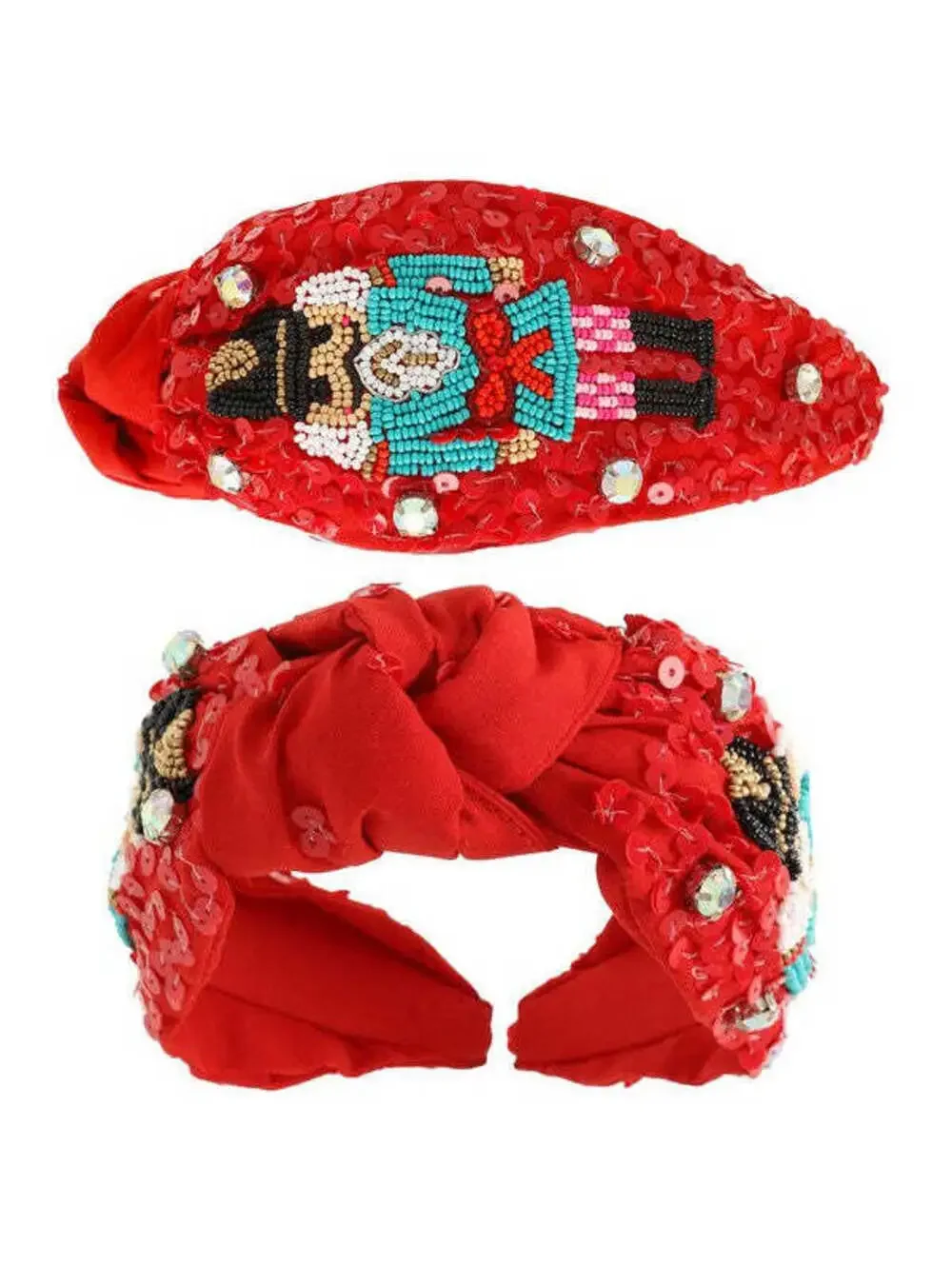 Red Nutcracker Christmas Jeweled Beaded Knotted Headband
